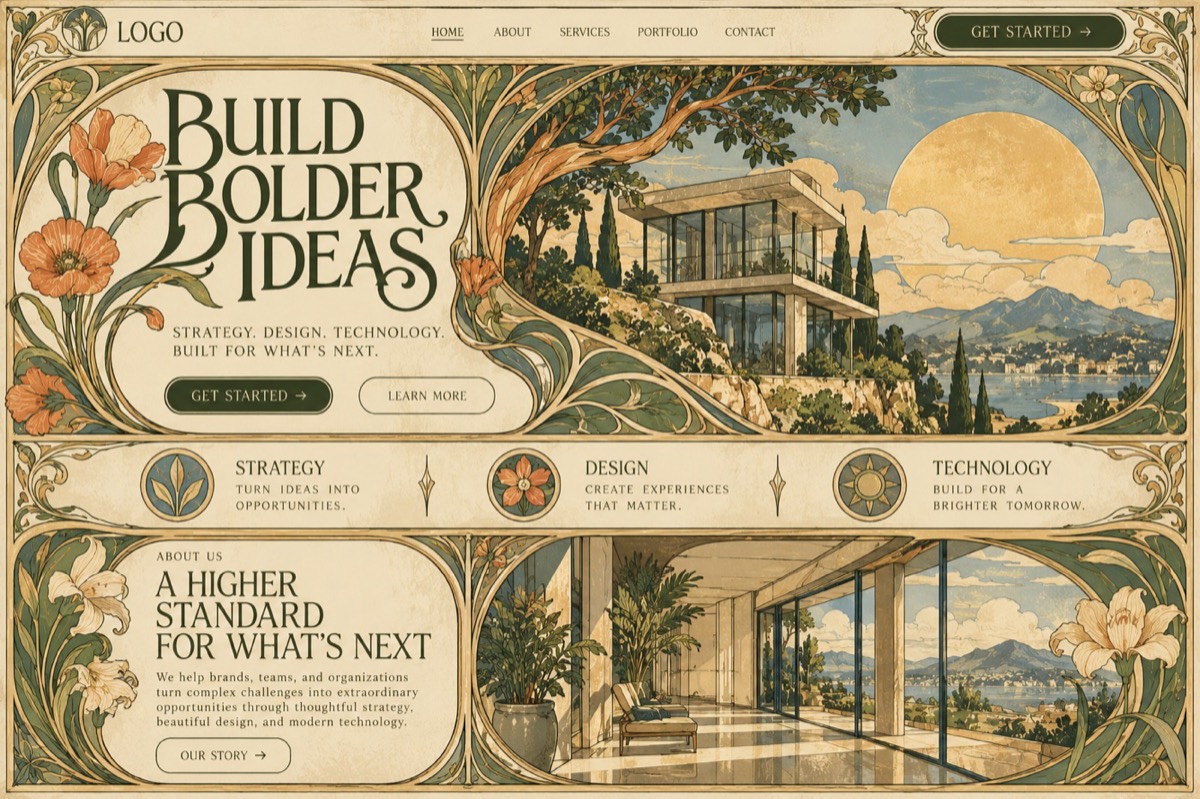 A homepage framed in art nouveau vines and flowers