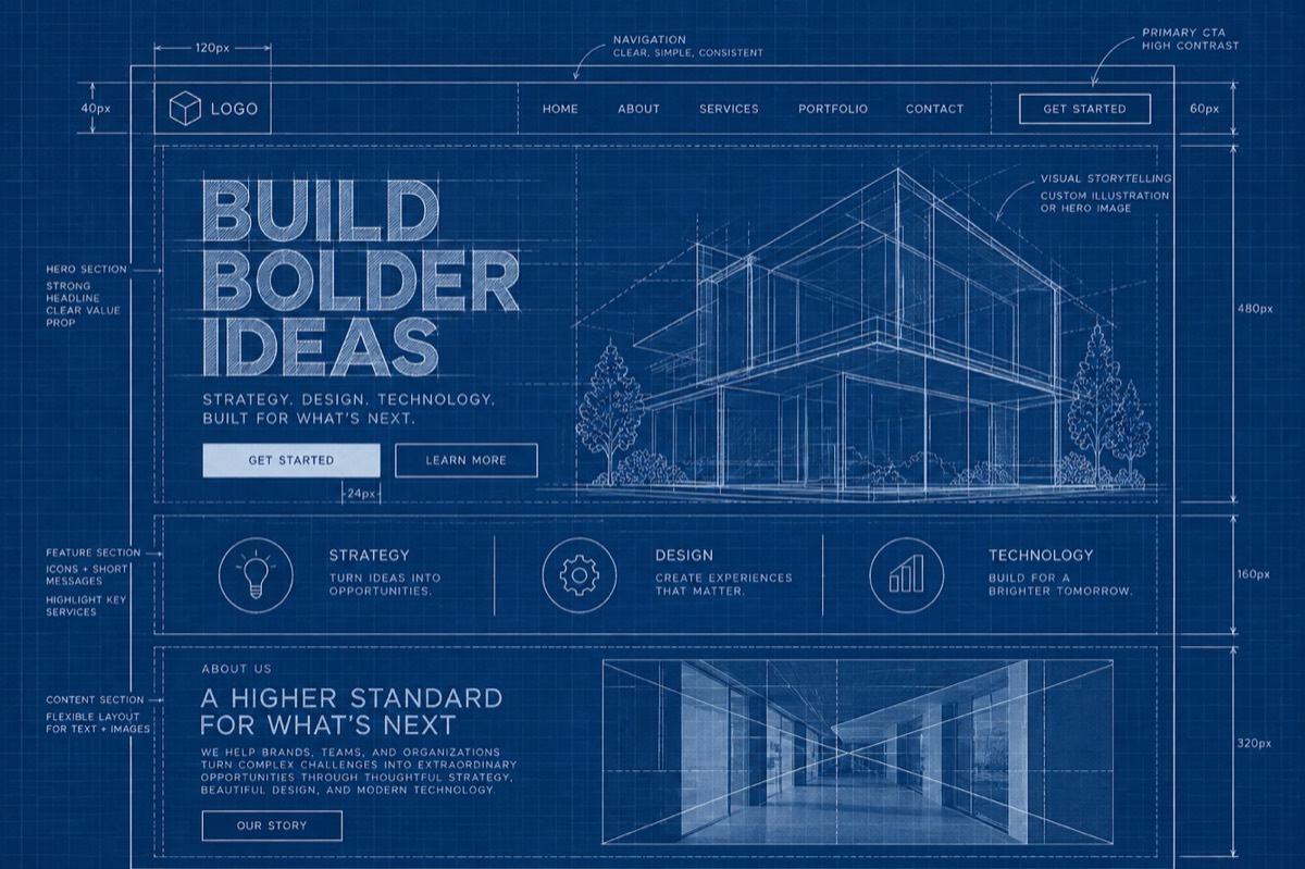 A homepage drawn as a blue architectural blueprint