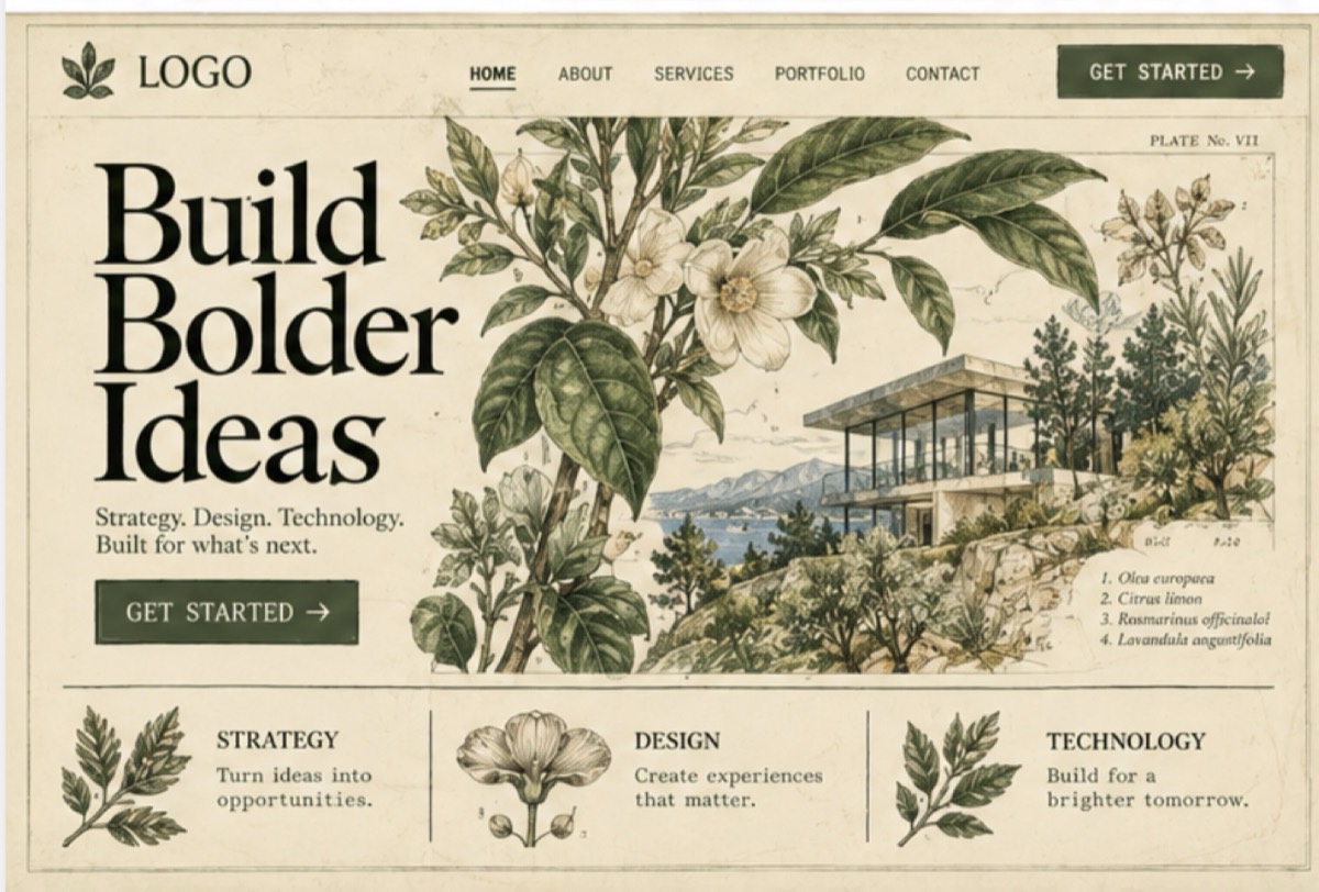 A homepage styled like an antique botanical illustration plate