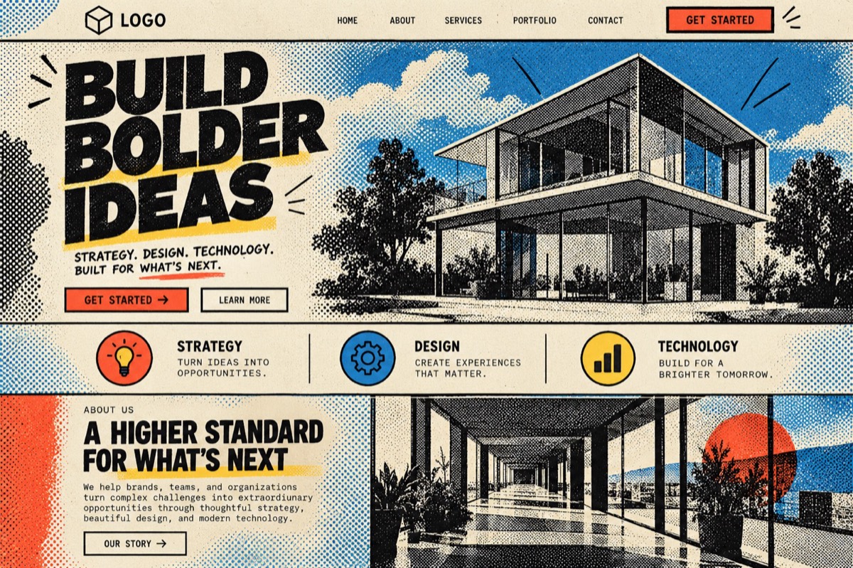 A homepage in pop-art comic style with halftone dots
