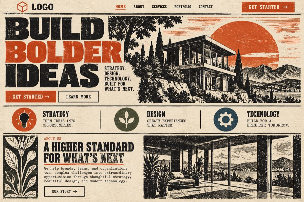 A homepage set in letterpress wood type with woodcut illustrations