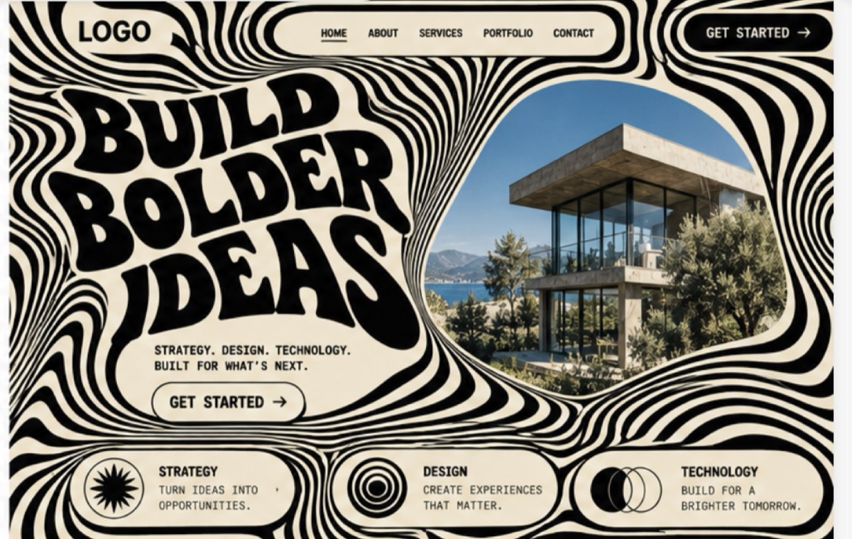 A homepage surrounded by warped black and white op art stripes