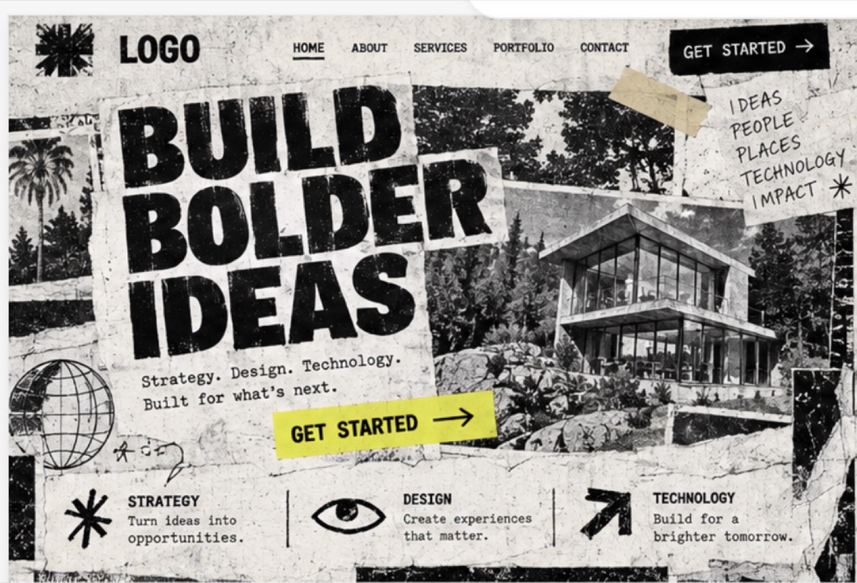 A homepage made of photocopied collage, tape and handwriting