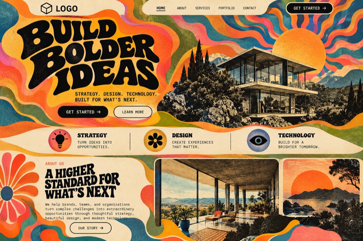 A homepage styled like a 1960s psychedelic concert poster