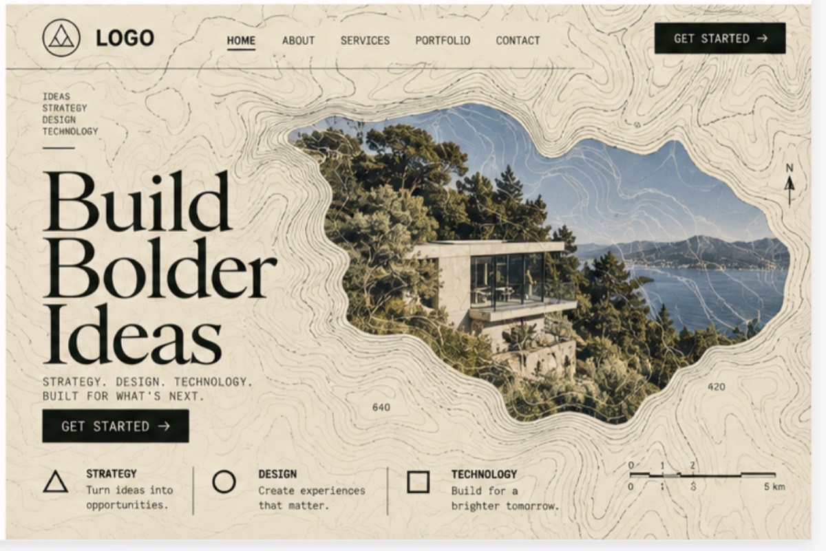 A homepage covered in contour lines with the photo in a map-shaped cutout