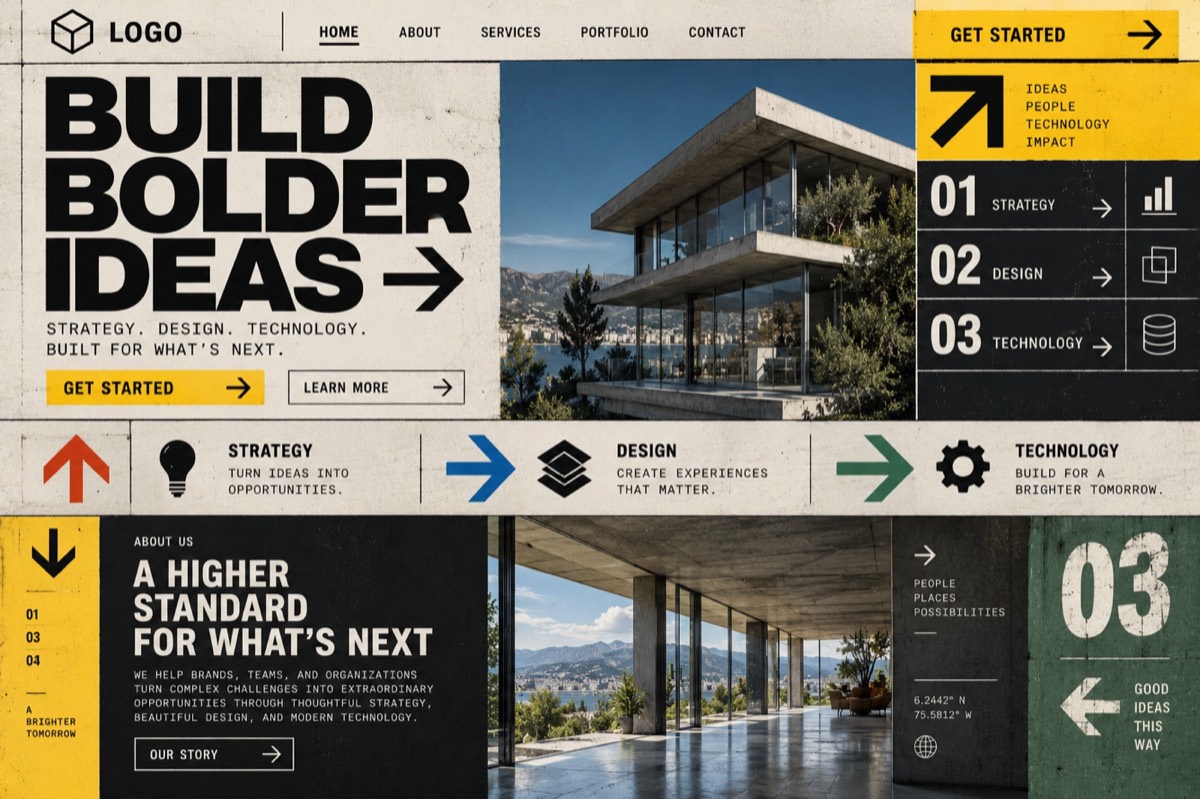 A homepage styled like airport signage with big arrows and numbers